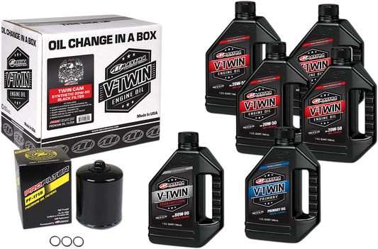 MAXIMA RACING OIL Twin Cam Synthetic 20W-50 Oil Change Kit with black filter, includes oil bottle and filter for motorcycle maintenance.