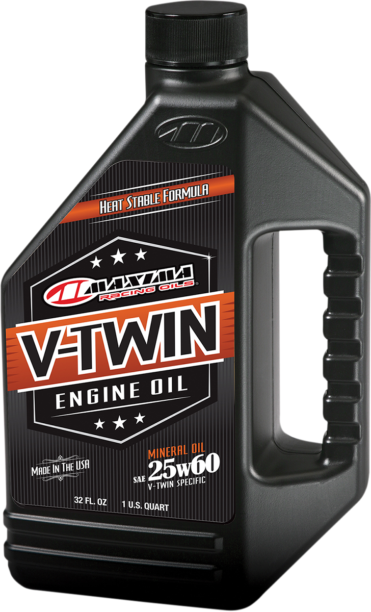 MAXIMA RACING OIL V-Twin 25W-60 engine oil in 1-quart container, designed for motorcycle engines by MAXIMA RACING OIL.