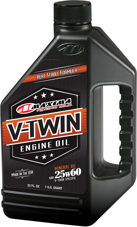 MAXIMA RACING OIL V-Twin 25W-60 engine oil in 1-quart container, designed for motorcycle engines by MAXIMA RACING OIL.