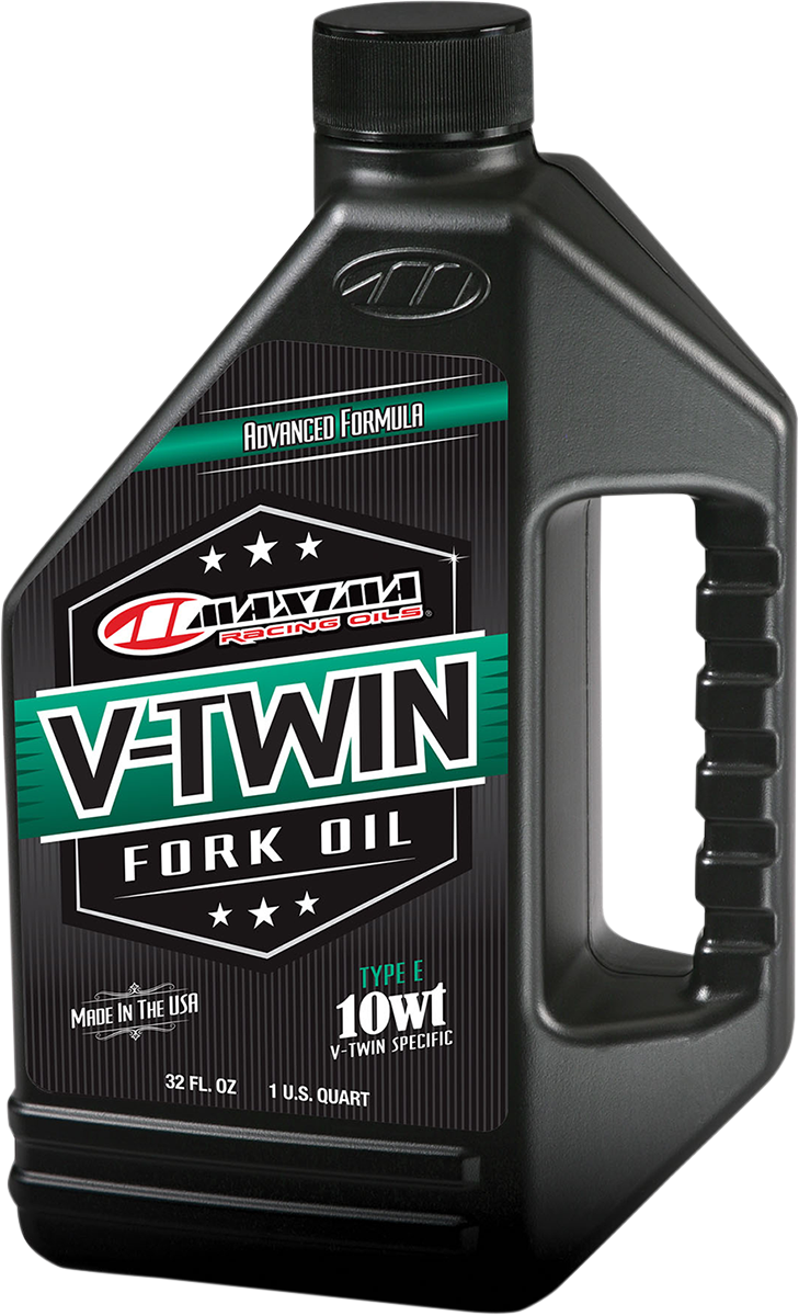 Maxima Racing Oil V-Twin Fork Oil 10W in a 1-quart bottle, designed for motorcycle V-twin fork suspension systems.