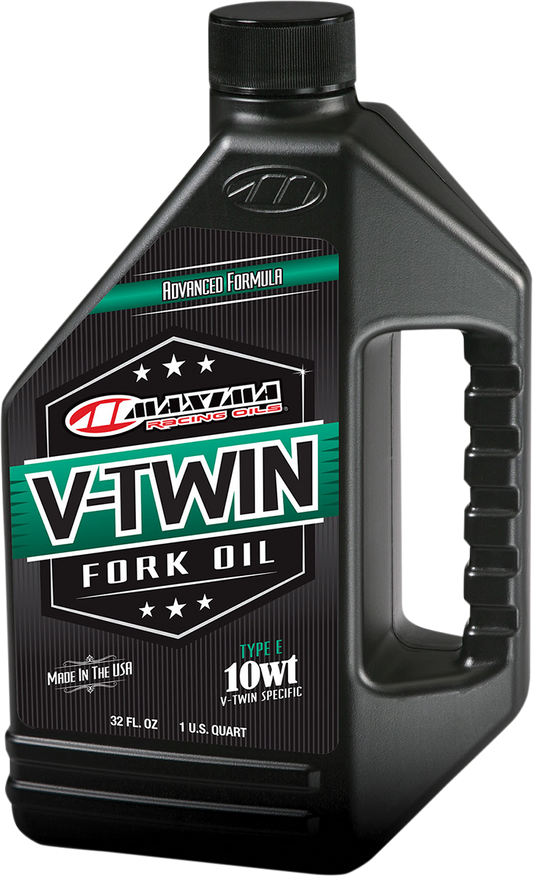 Maxima Racing Oil V-Twin Fork Oil 10W in a 1-quart bottle, designed for motorcycle V-twin fork suspension systems.