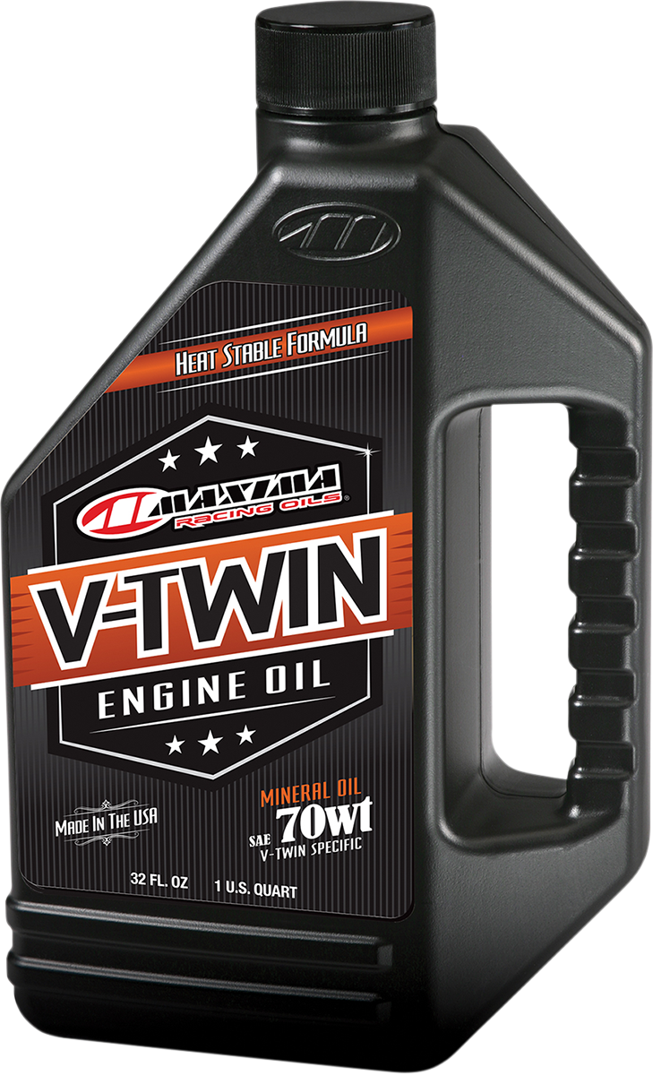 Maxima Racing Oil V-Twin 70W motorcycle engine oil in 1-quart container, durable Maxima Racing Oil brand product.