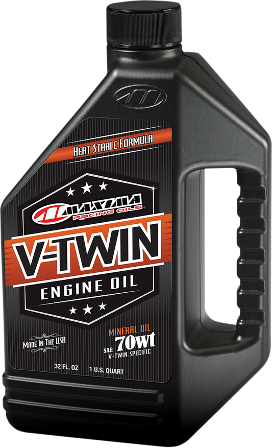 Maxima Racing Oil V-Twin 70W motorcycle engine oil in 1-quart container, durable Maxima Racing Oil brand product.
