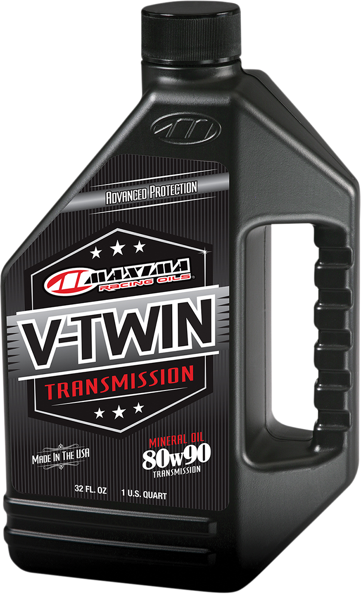 Maxima Racing Oil V-Twin Transmission Oil 80W-90 bottle with label showing product details and part number 40-02901.