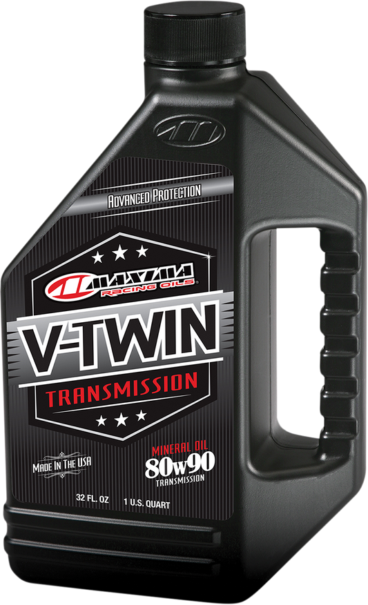 Maxima Racing Oil V-Twin Transmission Oil 80W-90 bottle with label showing product details and part number 40-02901.