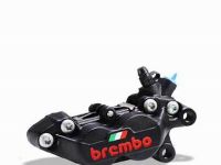 Brembo Caliper, Right, P4 30/34mm C, w/ Organic Pads Shape D, Cast 2-Piece, 40mm Axial Mount, Front, Black Anodizing w/ Painted Red Logo, Italian Flag