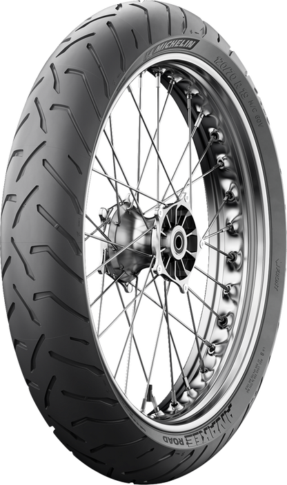 Michelin Anakee Road front tire 120/70ZR19 for adventure touring motorcycles, showing tread pattern and sidewall details.