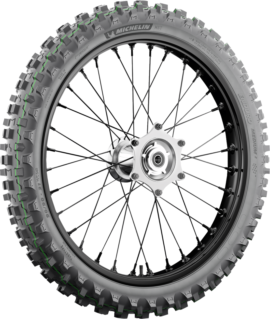 Michelin Enduro Medium 2 front motorcycle tire in 90/100-21 size for off-road riding, featuring rugged tread pattern.