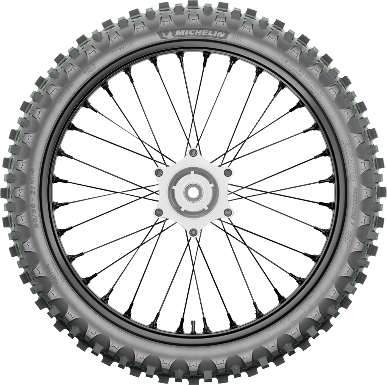 Michelin Enduro Medium 2 front motorcycle tire 90/100-21 for off-road bikes, showing tread pattern and sidewall details.