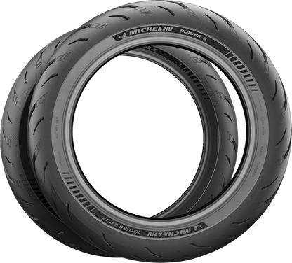 Michelin Power 6 front motorcycle tire 120/70ZR17 (58W) with tread pattern and sidewall details, model 82063.