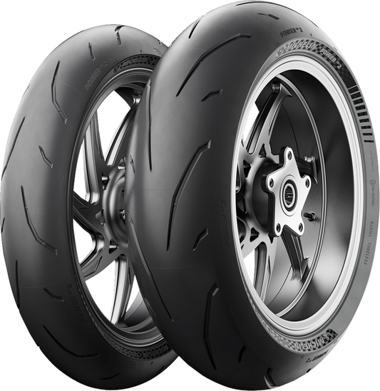 Michelin Power GP2 rear motorcycle tire 180/55ZR17 with road and track performance tread pattern, mounted on motorcycle wheel.