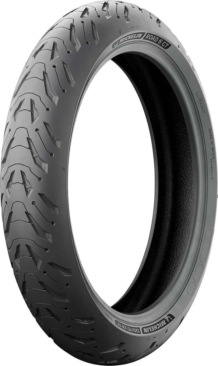 MICHELIN Road 6 GT front motorcycle tire 120/70ZR17 with enhanced stability and grip for GT motorcycles.