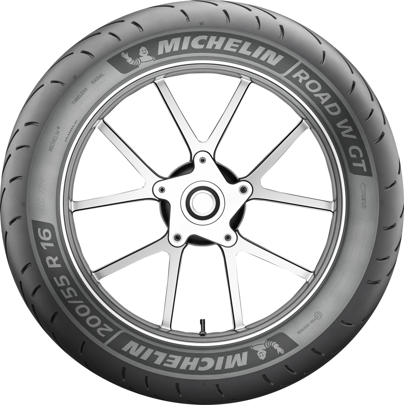 Michelin Road W GT rear motorcycle tire 180/60R16 74H for touring and sport touring bikes, with tread pattern detail visible.