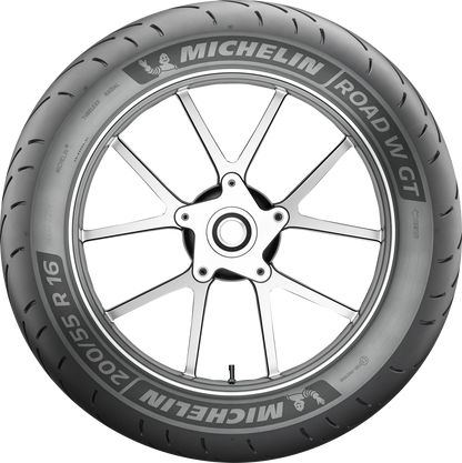 Michelin Road W GT rear motorcycle tire 180/60R16 74H for touring and sport touring bikes, with tread pattern detail visible.