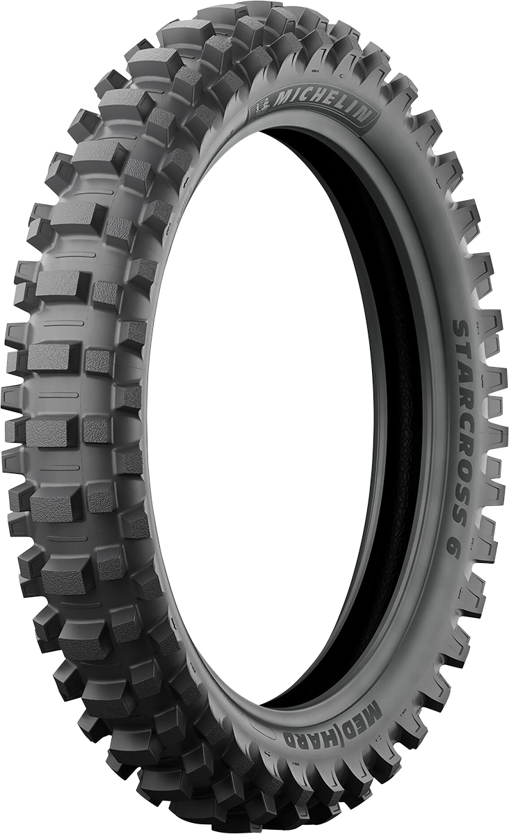 Michelin StarCross 6 medium hard rear tire for motocross bikes, size 120/80-19, with rugged tread pattern for off-road riding.