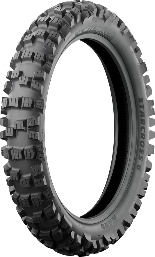 Michelin StarCross 6 Hard rear motocross tire with 110/90-19 size and 62M load rating, designed for off-road performance.