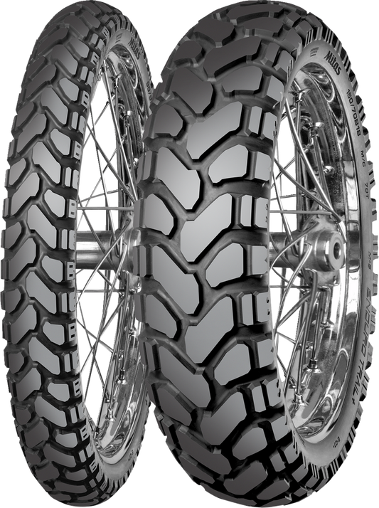MITAS Enduro Trail rear motorcycle tire 130/80B18 designed for dual sport and adventure motorcycles, with knobby tread pattern.