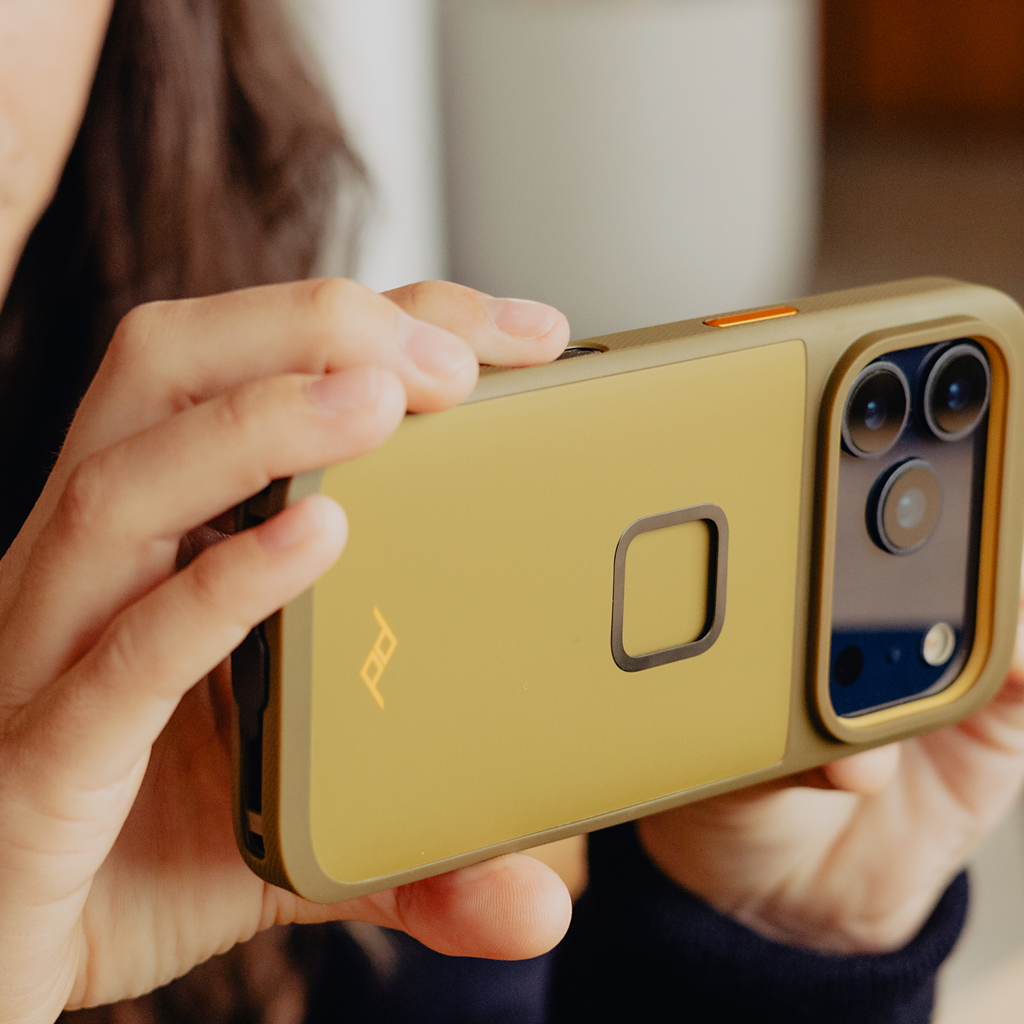 Peak Design Gnar case for iPhone 17 Pro Max in Kelp color, showing the mobile phone with protective rugged design.