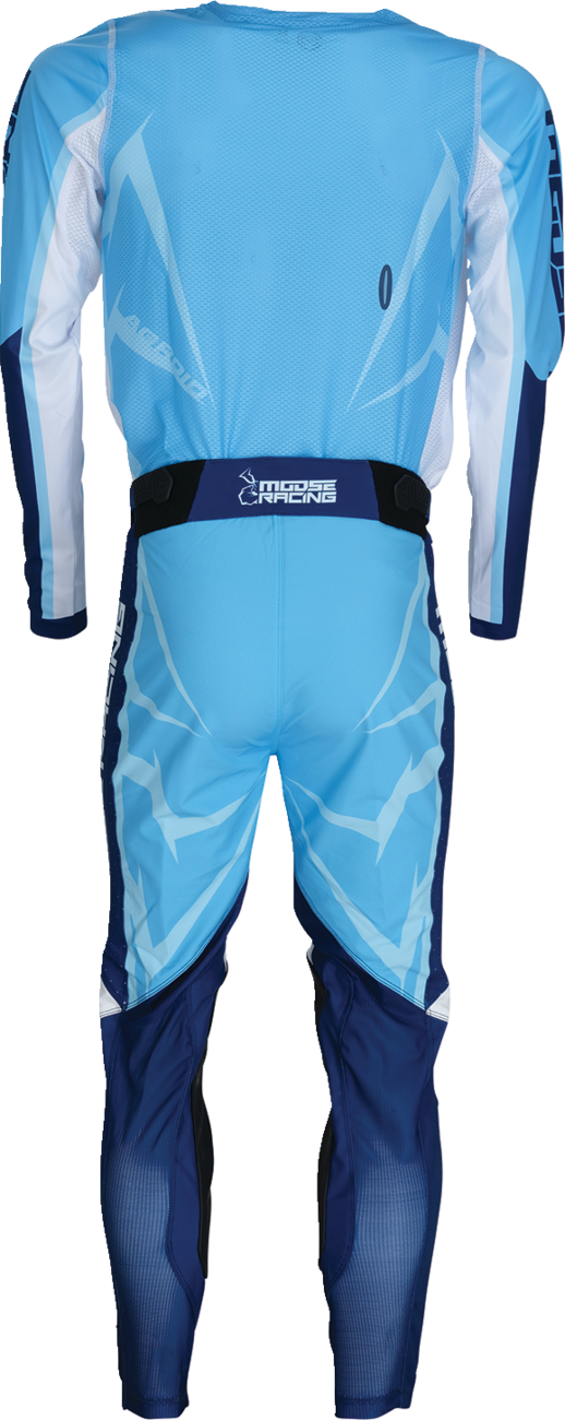 Moose Offroad Agroid Pants in blue and white, US 26 slim fit, with rugged design and multiple pockets, shown on a model.