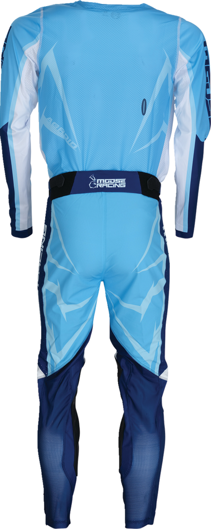 Moose Offroad Agroid Pants in blue and white, US 26 slim fit, with rugged design and multiple pockets, shown on a model.