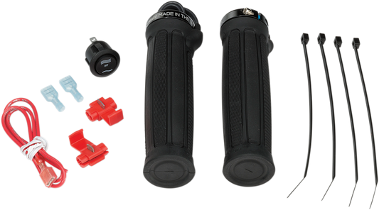 Moose Offroad clamp-on heated grips for ATV, showing textured rubber surface and control switch for dual heat settings.