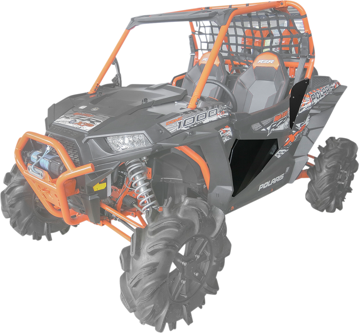 Black aluminum Moose Offroad lower door insert for Polaris models 2444.7476.1, shown installed on vehicle door.