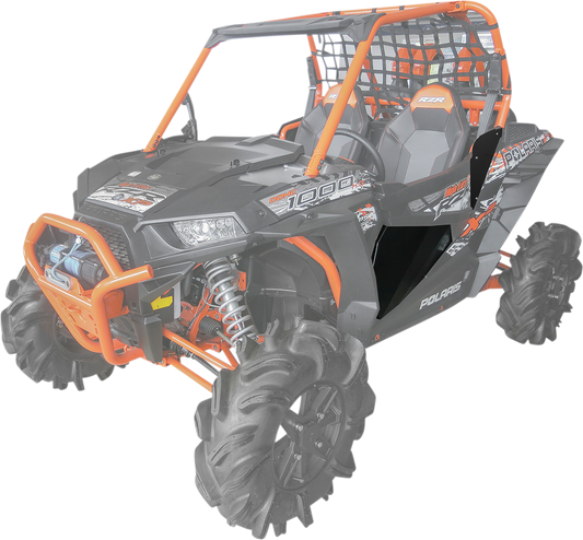 Black aluminum Moose Offroad lower door insert for Polaris models 2444.7476.1, shown installed on vehicle door.