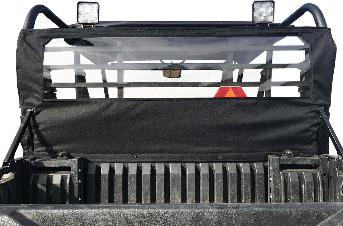 Moose Offroad rear dust panel for Mule Pro FXT, heavy-duty rip-stop nylon with large vinyl window, providing protection and visibility.