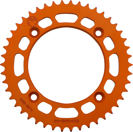 Aluminum rear sprocket with 46 teeth from Moose Offroad for Husqvarna and KTM motorcycles, showcasing the gear teeth and durable design.