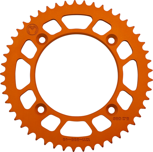 Orange Moose Offroad rear sprocket, 49-tooth aluminum, designed for Husqvarna and KTM motorcycles, shown on a white background.