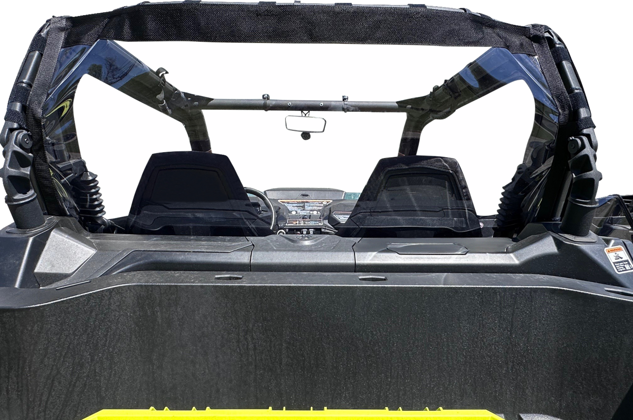 Moose Offroad rear windscreen for Commander and Maverick UTVs, made of durable clear material with mounting hardware.