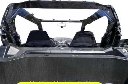 Moose Offroad rear windscreen for Commander and Maverick UTVs, made of durable clear material with mounting hardware.