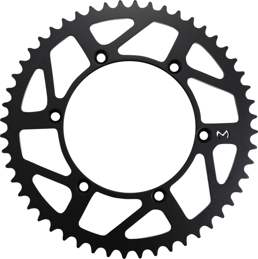 Steel rear sprocket with 52 teeth by Moose Offroad, designed for off-road motorcycles, shown in black with gear teeth visible.