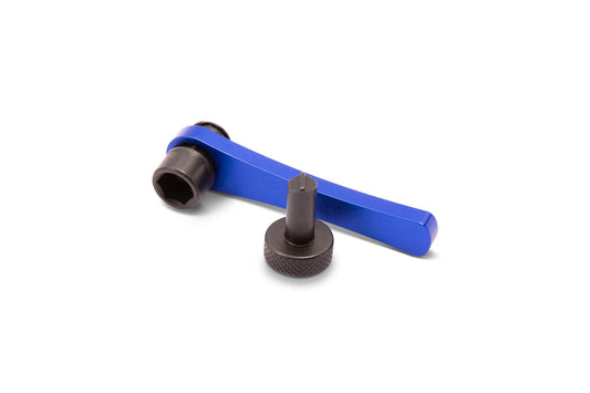 Motion Pro 08-0735 Tappet Adjuster Tool with 10mm wrench for motorcycle maintenance, shown in use on engine components.