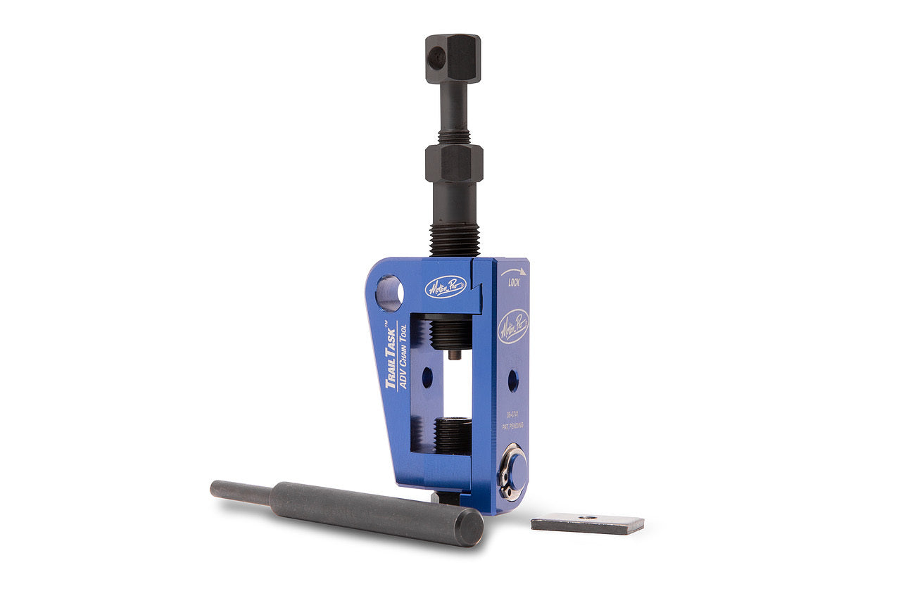 Motion Pro Adv Chain Tool 08-0741, lightweight aluminum chain breaker for touring and trail riding, shown in use.
