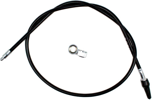 Black vinyl motorcycle speedo cable by MOTION PRO, part 06-0010, with visible connectors and flexible cable for accurate speedometer operation.
