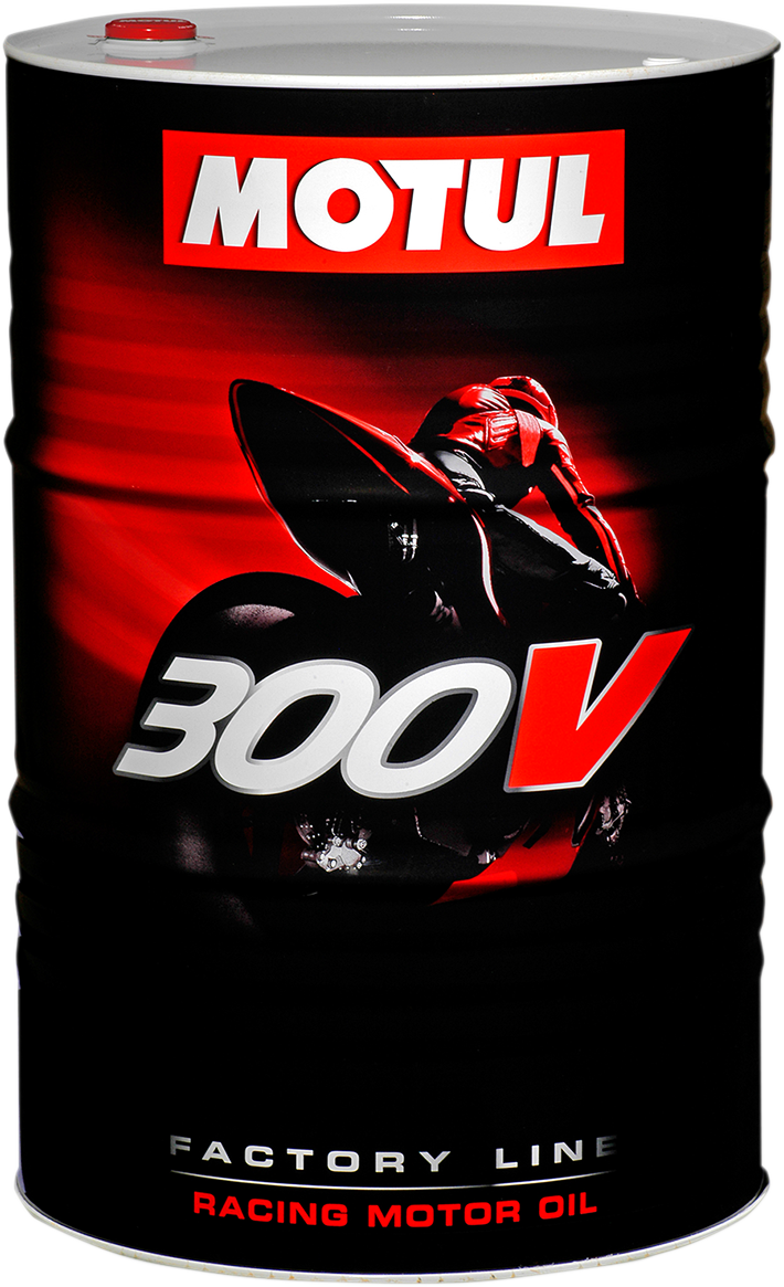 MOTUL 300V Racing Oil 10W-40 high-performance motorcycle engine lubricant in a 55-gallon drum, designed for racing engines.