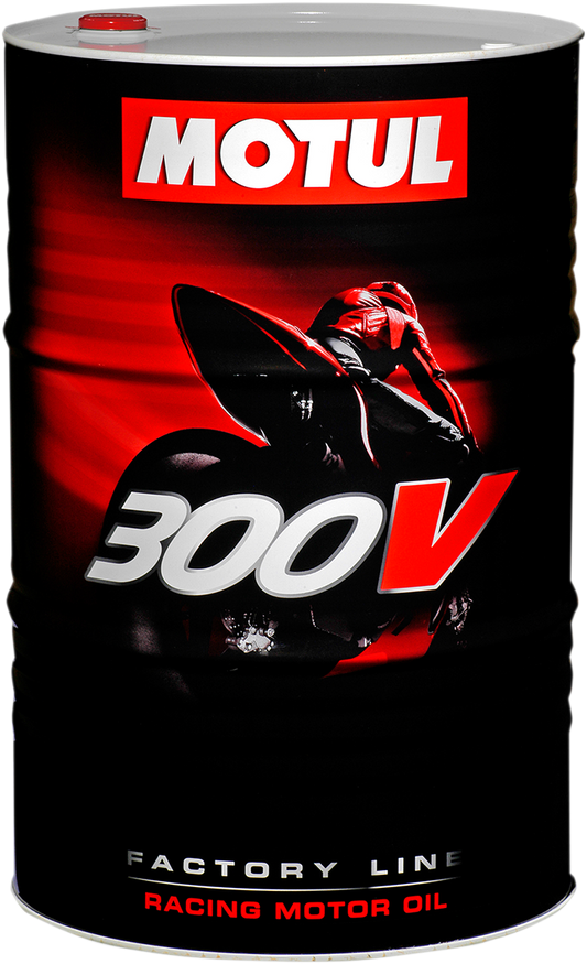 MOTUL 300V Racing Oil 10W-40 high-performance motorcycle engine lubricant in a 55-gallon drum, designed for racing engines.