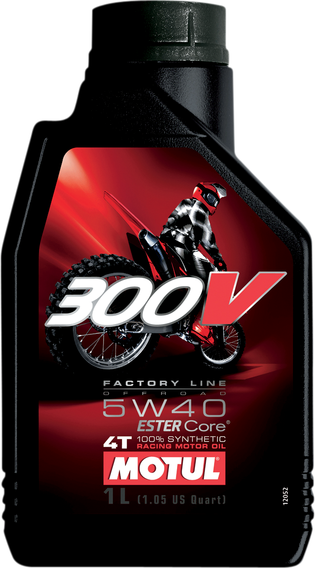 Bottle of MOTUL 300V Synthetic Ester Oil 5W-40 in a 1-liter container with product label and part number 104112.