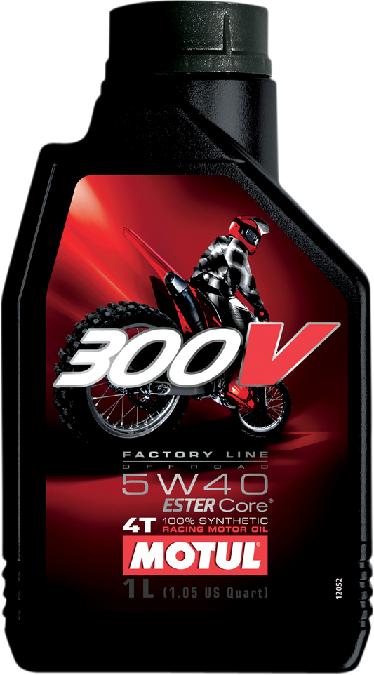 Bottle of MOTUL 300V Synthetic Ester Oil 5W-40 in a 1-liter container with product label and part number 104112.