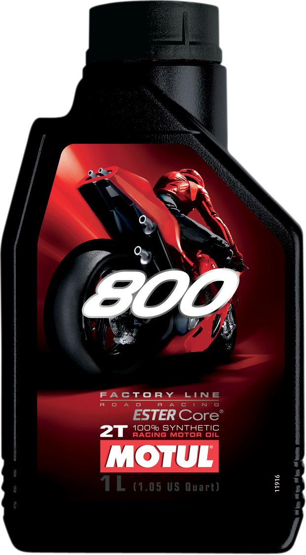 MOTUL 800 2T Road Synthetic Oil 1L bottle, high-performance motorcycle engine oil with motor oil branding on the label.