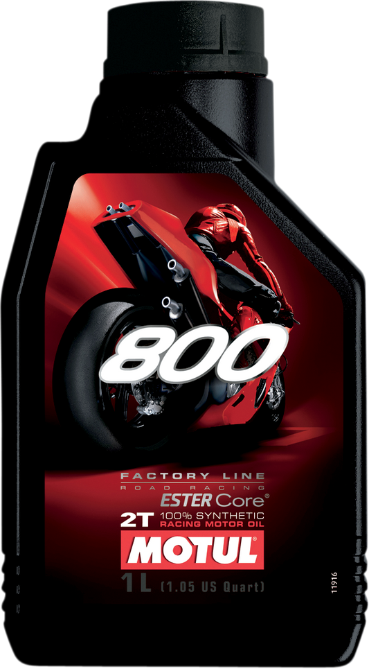 MOTUL 800 2T Road Synthetic Oil 1L bottle, high-performance motorcycle engine oil with motor oil branding on the label.