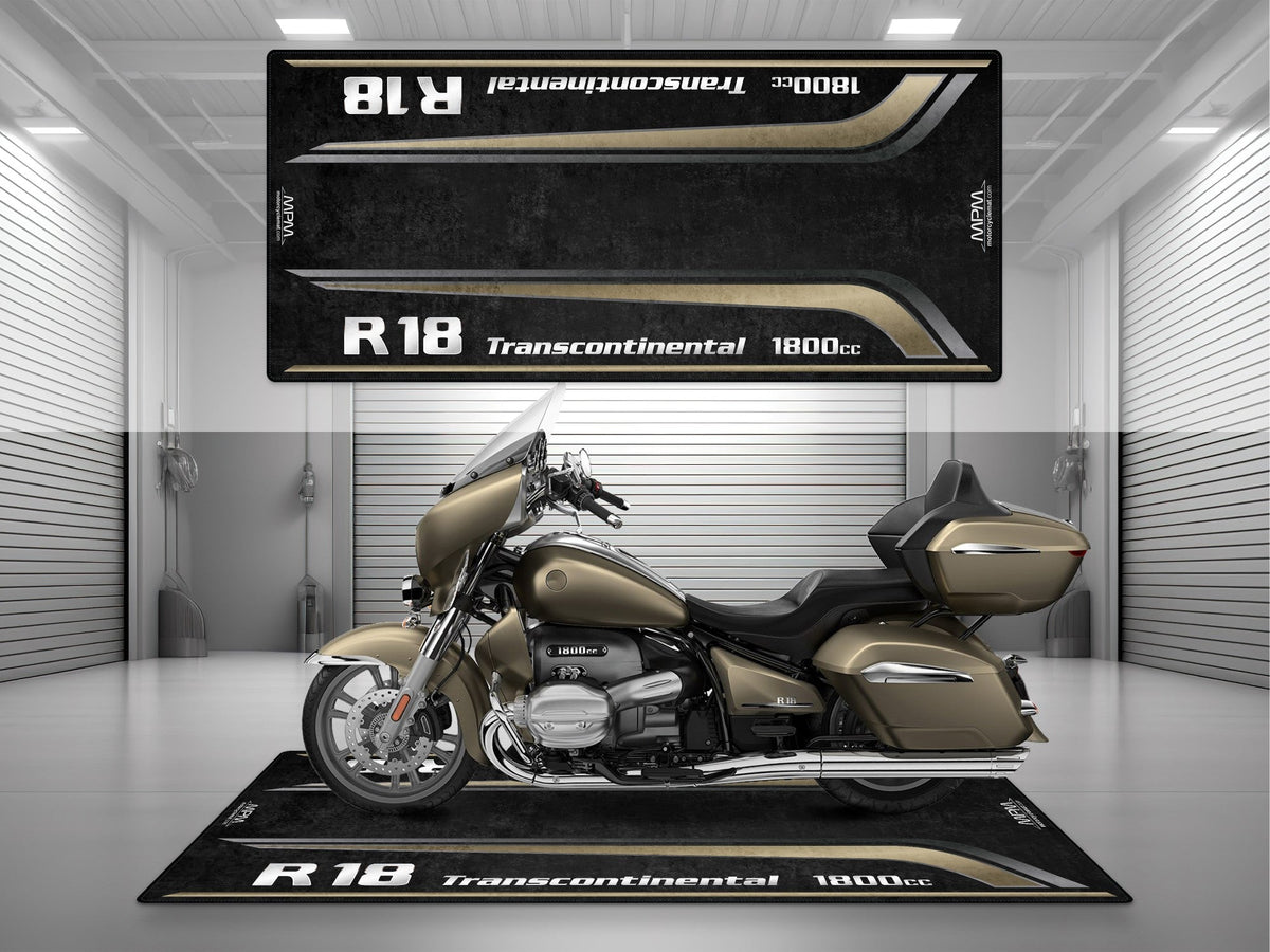 MPM Motorcycle Mat for BMW R18 Transcontinental in Manhattan Metallic, durable garage parking mat with textured surface.