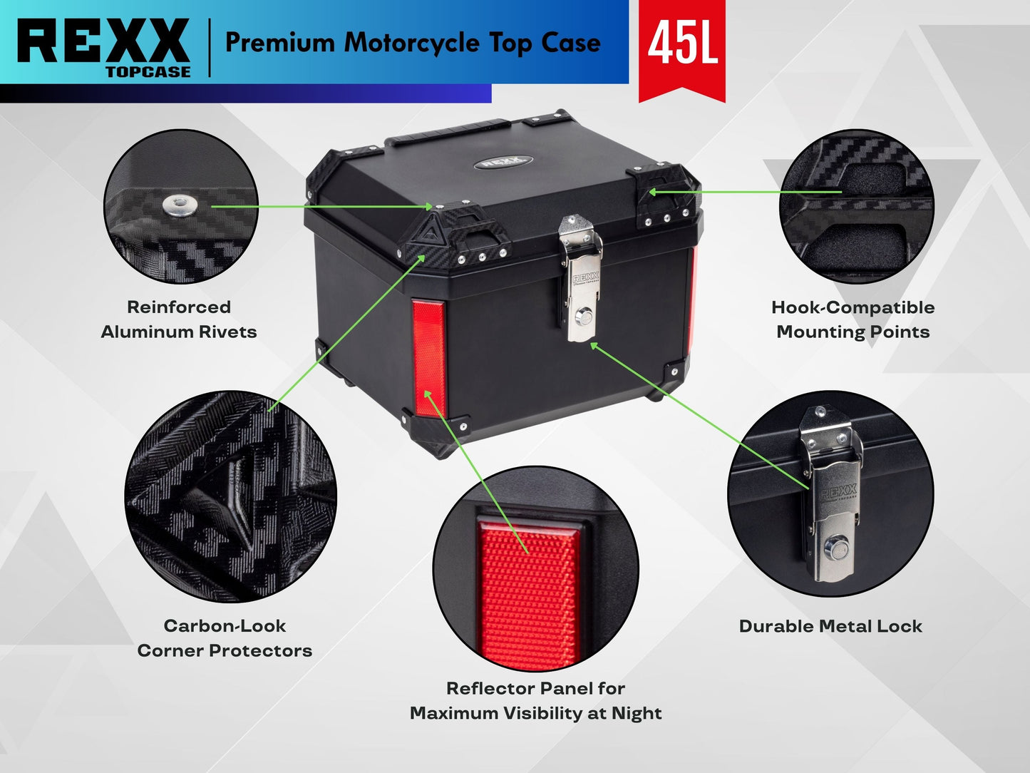 MPM Rexx Premium Motorcycle Top Case 45L – Universal ABS Reinforced Lockable Luggage Box - Howling Moto