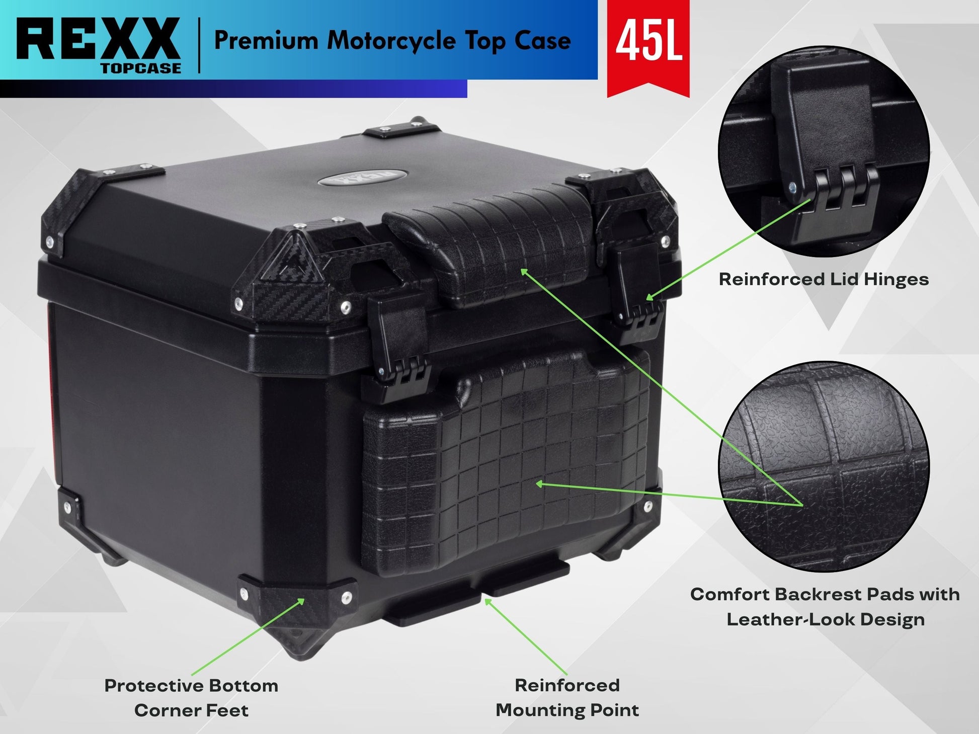 MPM Rexx Premium Motorcycle Top Case 45L – Universal ABS Reinforced Lockable Luggage Box - Howling Moto