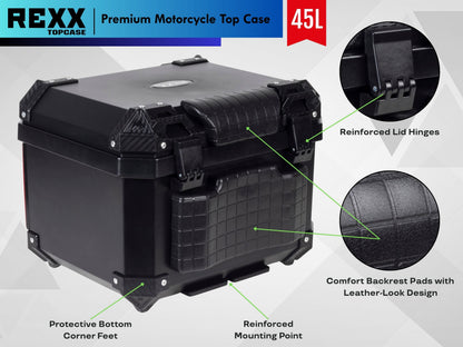 MPM Rexx Premium Motorcycle Top Case 45L – Universal ABS Reinforced Lockable Luggage Box - Howling Moto