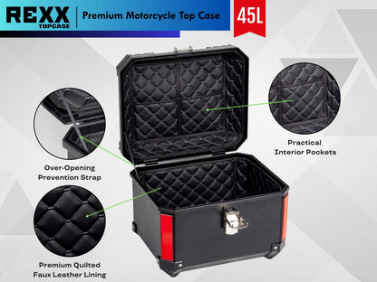 MPM Rexx Premium Motorcycle Top Case 45L – Universal ABS Reinforced Lockable Luggage Box - Howling Moto