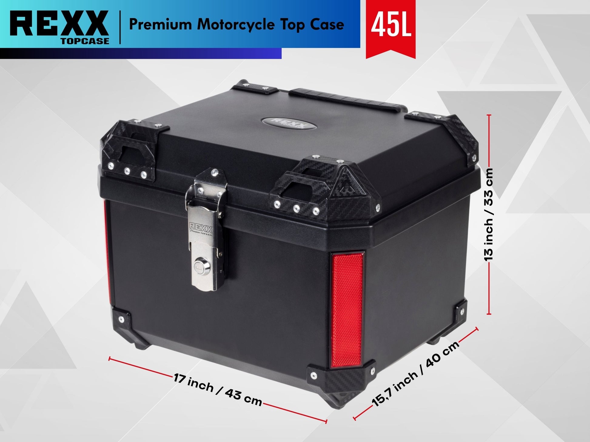 MPM Rexx Premium Motorcycle Top Case 45L – Universal ABS Reinforced Lockable Luggage Box - Howling Moto