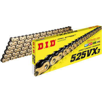 Gold DID 525 VX3 drive chain from Parts Unlimited, showing the chain's links and vibrant gold finish.