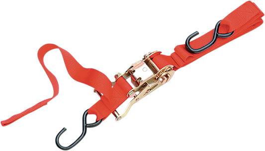 Red PARTS UNLIMITED 1-inch ratchet tied down strap with assist, 6 ft length, durable cargo securing equipment.